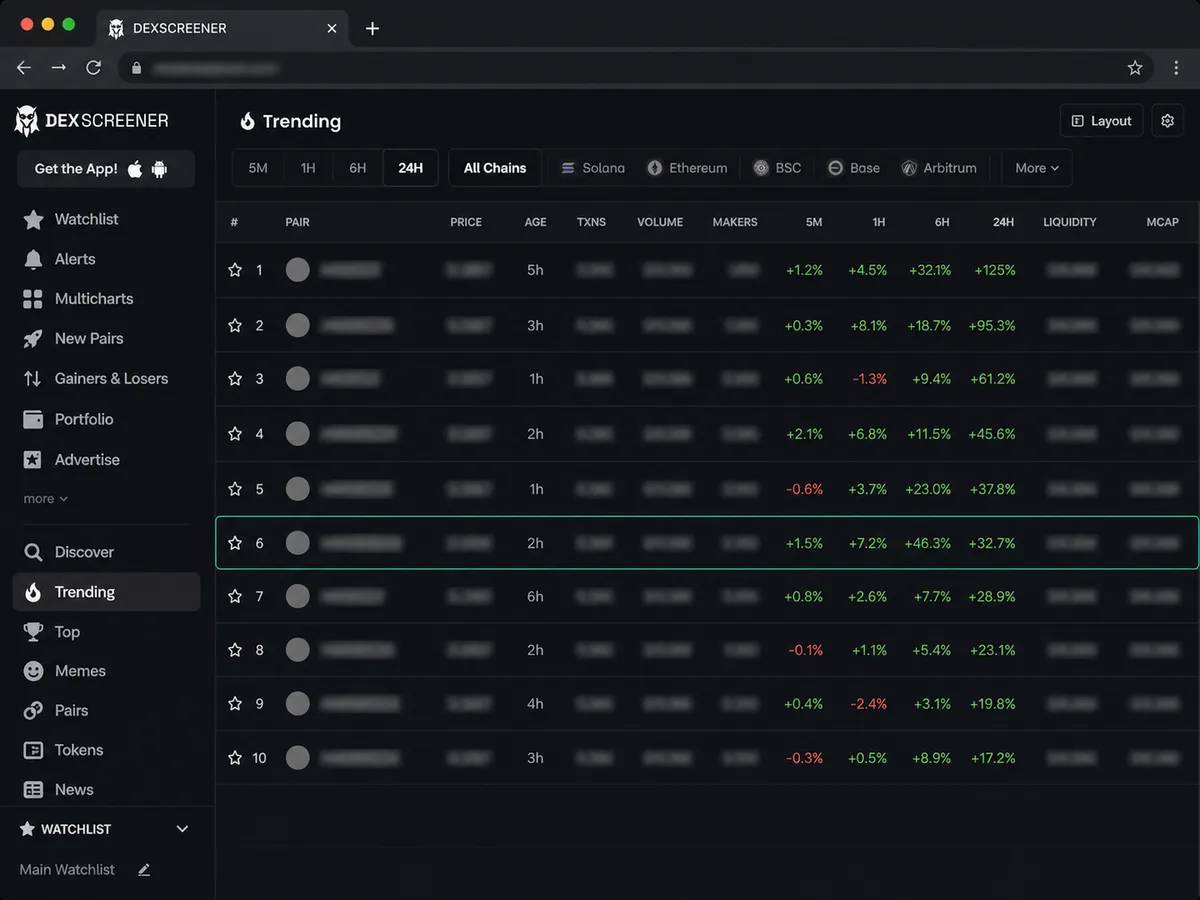 DexScreener trending list with highlighted slot